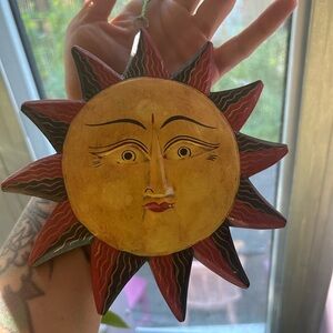 Vtg Wooden Hand Painted Sun Moon Face Hanging Ornament Christmas Indonesia 7”